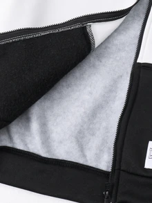 SHEIN 兒童青少年男孩休閒學院風三色拼接字母織標連帽拉鍊外套，舒適針織面料，適合學校、花園、海灘、生日，秋冬春夏四季，黑色、棕色 - 灰色 - 查看 6