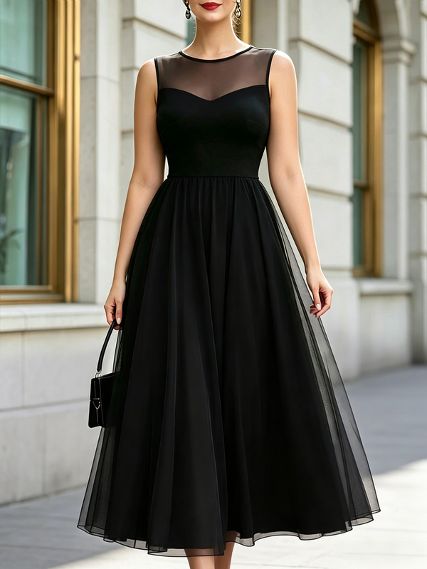 Elenzga Plus Size Women's Black Elastic Knit Evening Dress, Sheer Mesh See-Through Round Neck Sleeveless Cinched Waist Full Skirt Mid-Length Dress For Party, Date, Elegant Occasions, Autumn/Winter