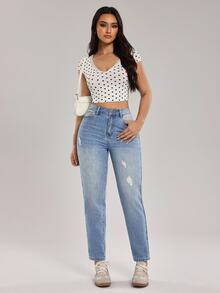 Rivivi Celana Jeans Wanita Kasual Model Tapered dengan Detail Sobek dan Kantong - Biru - View 5