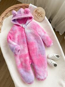 SHEIN LMoss Kids 新生女嬰可愛秋冬款毛絨花卉圖案長袖連帽連身衣 - 玫紅色 - 查看 3