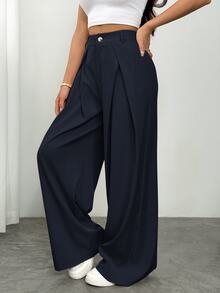 Vivamere Setelan Wanita Celana Panjang Kaki Lebar dengan Detail Lipit - Navy Blue - View 5