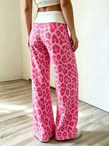 Sundraya Pink Leopard Print Low Waist Flared Casual Pants Y2K Retro Contrast Color Cuffed Elastic Flare Long Pants Sexy Slim Fit Leopard Print Knit Flared Long Pants - Multicolor - View 2