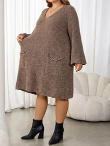 SHEIN CURVE+ Plus Size Women's Sweater Dress With Pockets, Suitable For Autumn/Winter - Brown - View 4