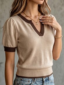 SHEIN 休閒寬鬆V領短袖針織上衣，對比滾邊設計，卡其色，女款春/夏 - 卡其色 - 查看 5