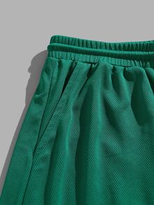 Sorvial Standard Size Loose White T-Shirt Green Basketball Shorts Sports Set, Minimalist Letter Design - Multicolor - View 3