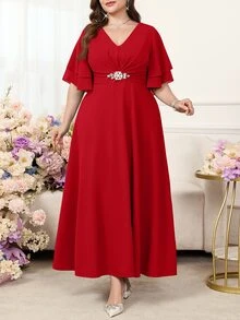 Reflora Plus Size Women's V-Neck Ruffle Short Sleeve Waist Rhinestone Decor Elegant Dress - Red - View 3