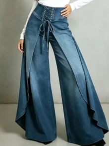 Trelyra Women's Fashion Cross Eyelet Lace-Up Printed Elastic Waist Long Pants - Blue - View 4