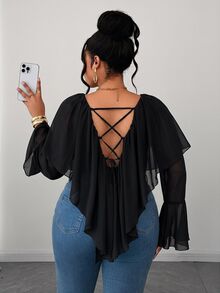 Maweii Plus Size French Sexy Vacation Sexy V-Neck Ruffle Blouse - Black - View 1
