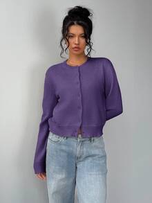 SHEIN Tall CURVE 大尺碼女款休閒純色圓領長袖寬鬆短版開襟針織外套 - 紫色 - 查看 7