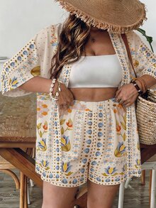 Freevana Plus Size Women's Floral Print 2 Pieces Vacation Set, Short Sleeve Shirt And Shorts Outfit - Multicolor - View 1