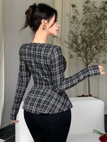 Joudiya Women's Plaid Square Neck Long Sleeve Ruffle Hem T-Shirt Fall - Black - View 7