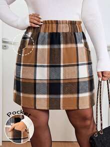 Easowa Curve Plus Size Women's Plaid Skirt With Elastic Waist, Frill Trim And Pockets - Multicolor - View 1