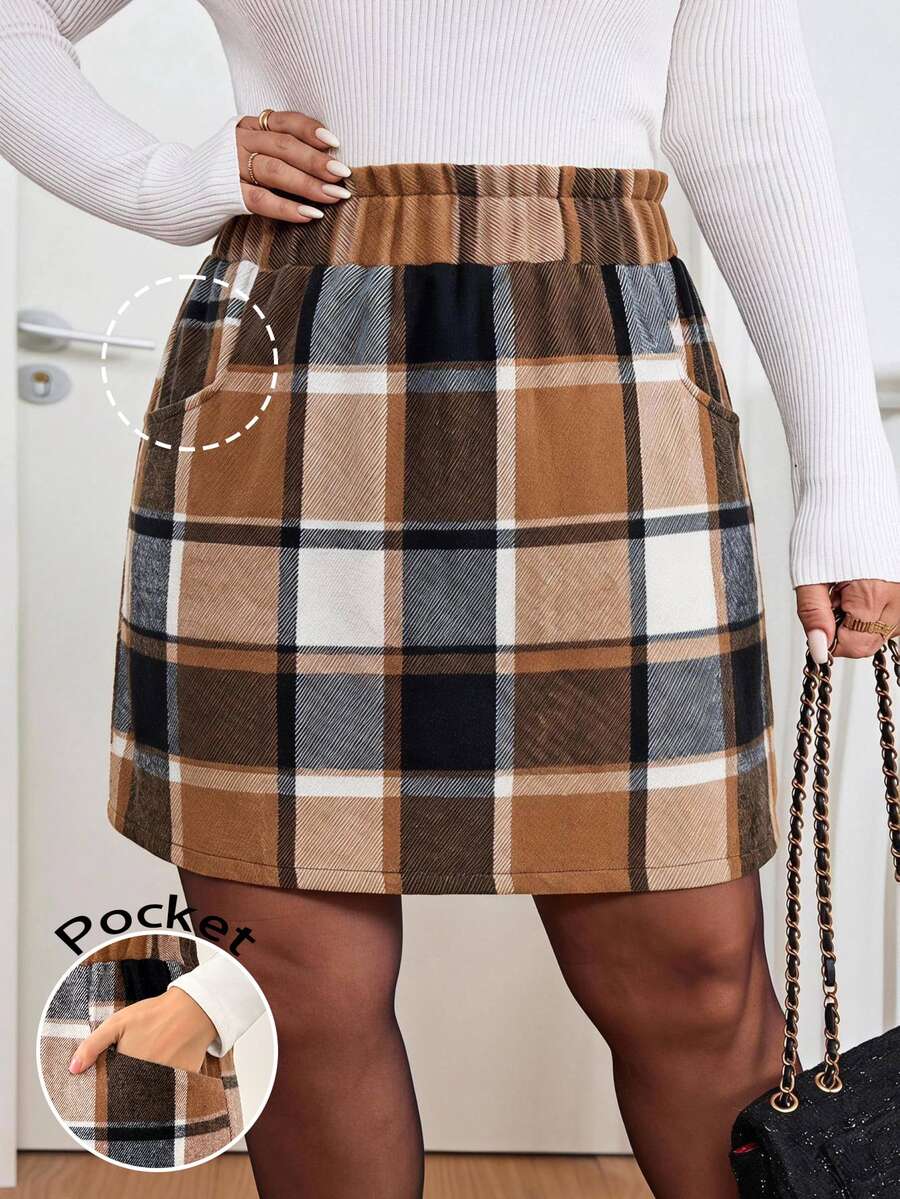 Easowa Curve Plus Size Women's Plaid Skirt With Elastic Waist, Frill Trim And Pockets - Multicolor - View 1
