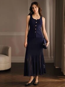 Anewsta Early Autumn Navy Blue Elegant Commuter Women's 2 Pieces Knit Set - Blue - View 6