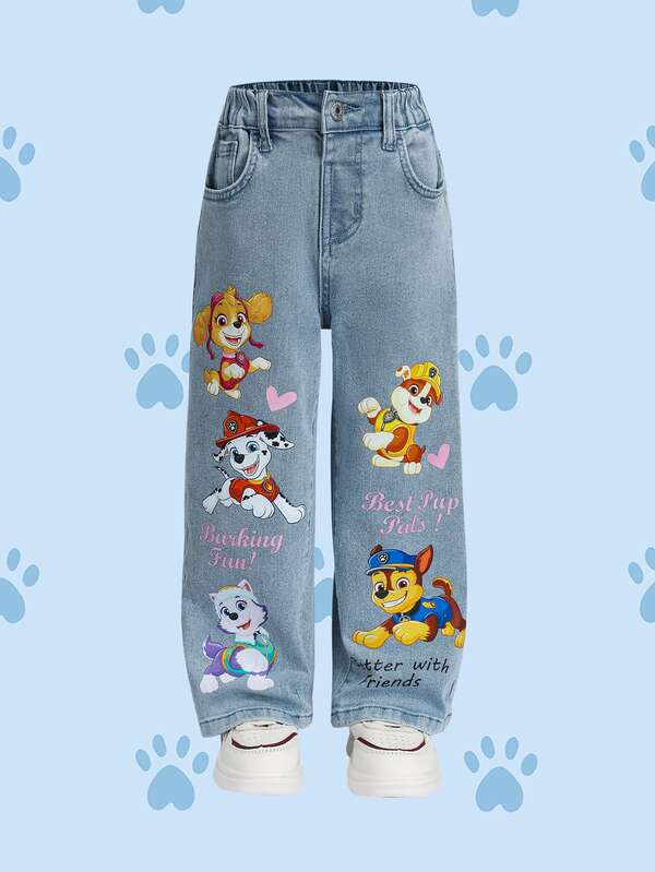 SHEIN | PAW Patrol Young Girl Letter Cartoon Pattern Pocket Casual Denim Jeans