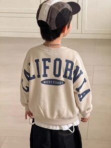 SHEIN 大尺寸圓領落肩袖抓絨套頭衫，大字母印花秋季運動衫，適合冬季，男嬰 - 彩色 - 查看 2