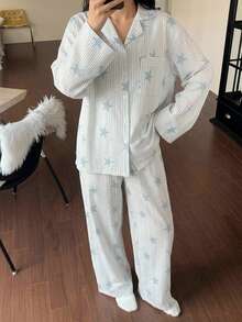 DAZY 2pcs/Set Women's Loose Long Sleeve Cardigan Striped Star Pattern Pajama Set Fall - Blue - View 6