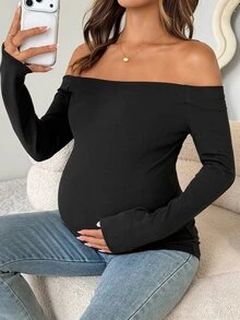 Dazy Maternity Solid Color Fitted Elastic Square Neck Long Sleeve Casual Vacation Spring/Autumn Maternity T-Shirt - Black - View 8
