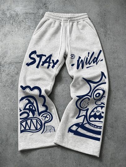 Manfinity EMRG Men's Charcoal Grey Flared Sweatpants, Millennium Street Style Navy Blue Graffiti Art Monster Cartoon Print Loose Wide Leg Sweatpants, Gothic Vintage Style, Suitable For Coachella Music Festival, Concert, Club, Party, Outing, Daily Casual, Sports Fitness, Holiday Vacation Bottoms