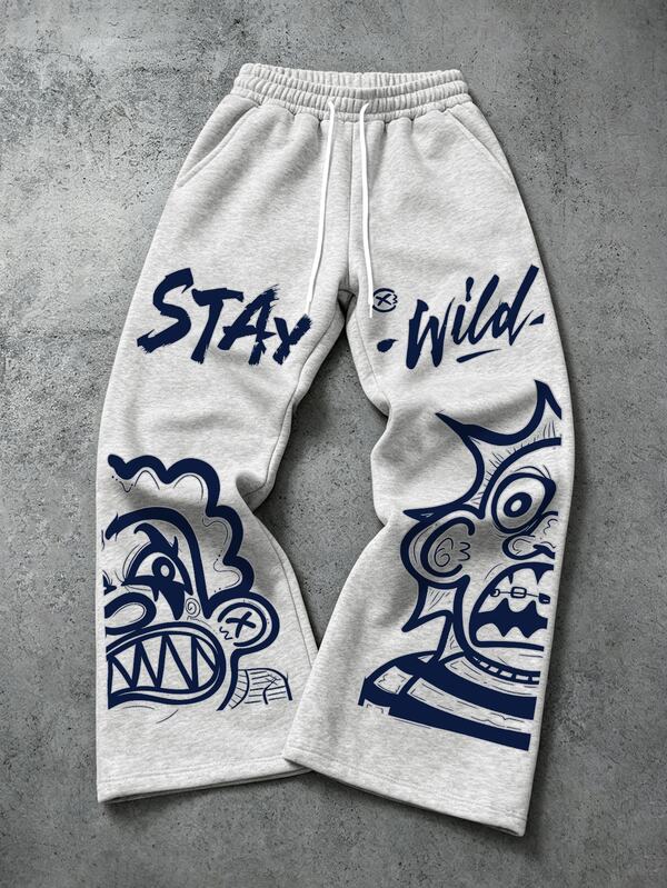 Manfinity EMRG Men's Charcoal Grey Flared Sweatpants, Millennium Street Style Navy Blue Graffiti Art Monster Cartoon Print Loose Wide Leg Sweatpants, Gothic Vintage Style, Suitable For Coachella Music Festival, Concert, Club, Party, Outing, Daily Casual, Sports Fitness, Holiday Vacation Bottoms