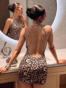 Slaydiva Women Brown Leopard Print Halter Rhinestone Metal Chain Backless Bodycon Mini Dress Hot Girl Club Party Outfit Night Out GoingOut Dresses For Ladies - Multicolor - View 2