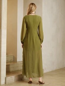 Arave Dress A-Line Maxi Chiffon V-Neck Ruffle Layered Pleated High Slit Sheer Long Sleeve Elegant Romantic Boho Olive Green Solid Holiday Date Party Autumn - Green - View 2