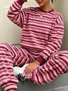 Breezaya 2 Pieces Women's Loose Striped Crew Neck Drop Shoulder Sweatshirt And Striped Pants, Winter Set Fall - Multicolor - View 3
