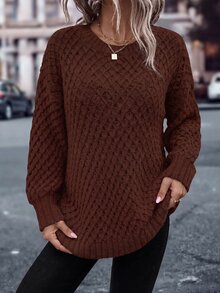 SHEIN LUNE 秋冬新款休閒優雅圓領珍珠針織長袖寬鬆女款時尚套頭毛衣 - 棕色 - 查看 6