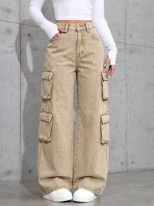 SHEIN 青少年女孩休閒百搭日常穿著工裝牛仔褲，附口袋與鈕扣設計 - 杏色 - 查看 1