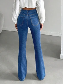 SHEIN Tall 女款高腰口袋休閒喇叭牛仔褲 秋冬牛仔褲 女士辦公穿搭 秋季服飾 - 中等水洗藍 - 查看 6
