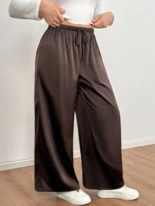 Shapeblank Plus-Size Women's Spring And Autumn Fashionable Casual Loose Comfortable Brown Satin Elastic Waist Wide-Leg Pants,Fall Outfits,Simple Style - Brown - View 3