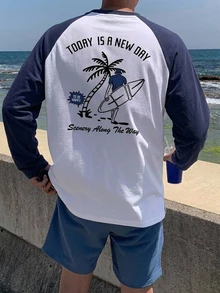 DAZY 春秋款長袖海灘衝浪圖案印花白色衣身配對比海軍藍插肩袖男士T恤 - 彩色 - 查看 2