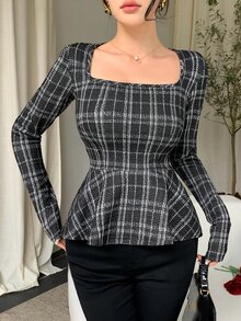 Joudiya Women's Plaid Square Neck Long Sleeve Ruffle Hem T-Shirt Fall - Black - View 8