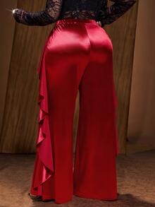 Maweii Plus Size Ruffle Trim Patchwork Elegant Casual Pants - Red - View 2