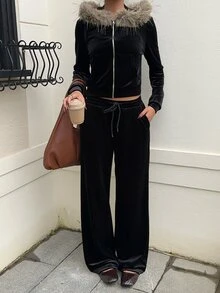 SHEIN EZwear 女款黑色天鵝絨針織拼接毛絨拉鍊前開連帽上衣與長褲兩件套 - 黑色 - 查看 5