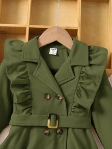 SHEIN 女童小女孩編織純色翻領荷葉邊修身休閒長款風衣 - 綠色 - 查看 3