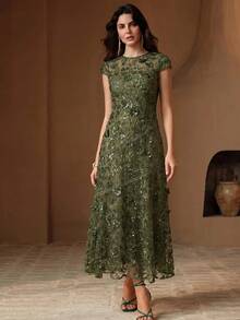Anewsta Affair Women's Fall/Winter Elegant Sexy Olive Green 3D Applique Sequin Round Neck Cap Sleeve Mid-Length Evening Gown For Wedding Guest Party Ceremony - Green - View 6