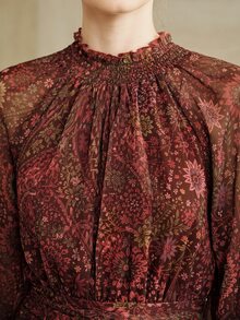 Arave Elegant Mature Style Lace Collar Waist-Cinching Design Flared Sleeve Geometric Print Side Slit Mid-Length Dress For Women - Multicolor - View 5