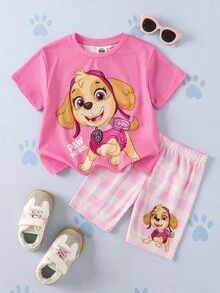 SHEIN | PAW Patrol Young Girl Cute Cartoon Print Short Sleeve T-Shirt And Shorts Comfortable 2 Pieces Set - Multicolor - View 1
