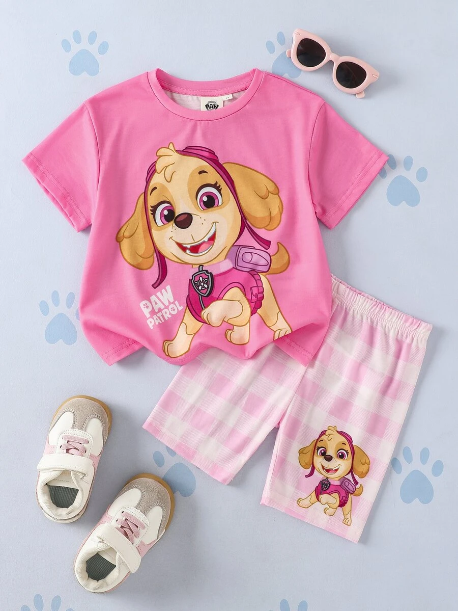 SHEIN | PAW Patrol Young Girl Cute Cartoon Print Short Sleeve T-Shirt And Shorts Comfortable 2 Pieces Set - Multicolor - View 1