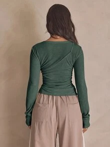 MUSERA 不對稱修身分層長袖上衣，適合夏季，運動風、休閒、日常、街頭風、街頭穿搭 - 軍綠色 - 查看 5