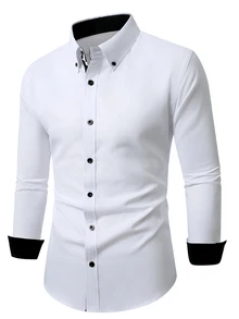 Manfinity Bizformal 男士純色斜紋領口鈕扣長袖襯衫，修身商務休閒百搭正裝襯衫 - 白色 - 查看 7