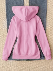 兒童青少年女孩休閒運動風灰色小馬刺繡裝飾連帽開襟衛衣，秋冬款 - 粉色 - 查看 2