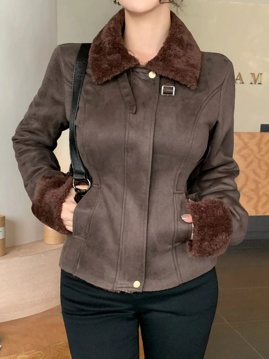 DAZY Women's Vintage Faux Suede Short Jacket With Fur Collar, Autumn/Winter - Brown - View 1