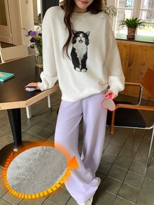 DAZY Cute Cat Pattern Autumn/Winter Knitted 2-Piece Women's Pajama Set - Apricot - View 6