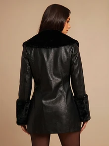 Silquee Fashionable Faux Fur Patchwork Button PU Material Jacket - Black - View 2