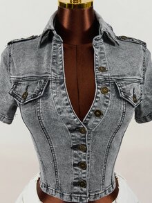 SHEIN 女款單排扣休閒日常牛仔夾克 - 黑色 - 查看 3