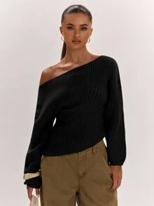 SHEIN BAE 女款秋冬新款時尚百搭優雅時髦純色針織修身抓皺休閒毛衣 - 黑色 - 查看 4