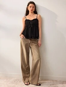 Willow Rêve Women's Brown Mid-Waist Straight Wide Leg Pants, Vintage Streetwear Washed Fluid Silhouette, Solid Color Western Casual Bohemian Style, Going Out Fall - Khaki - View 4
