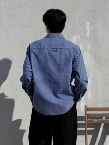 DAZY 男士長袖格紋布料聯名字母印花後背貼布襯衫 - 藍色 - 查看 2